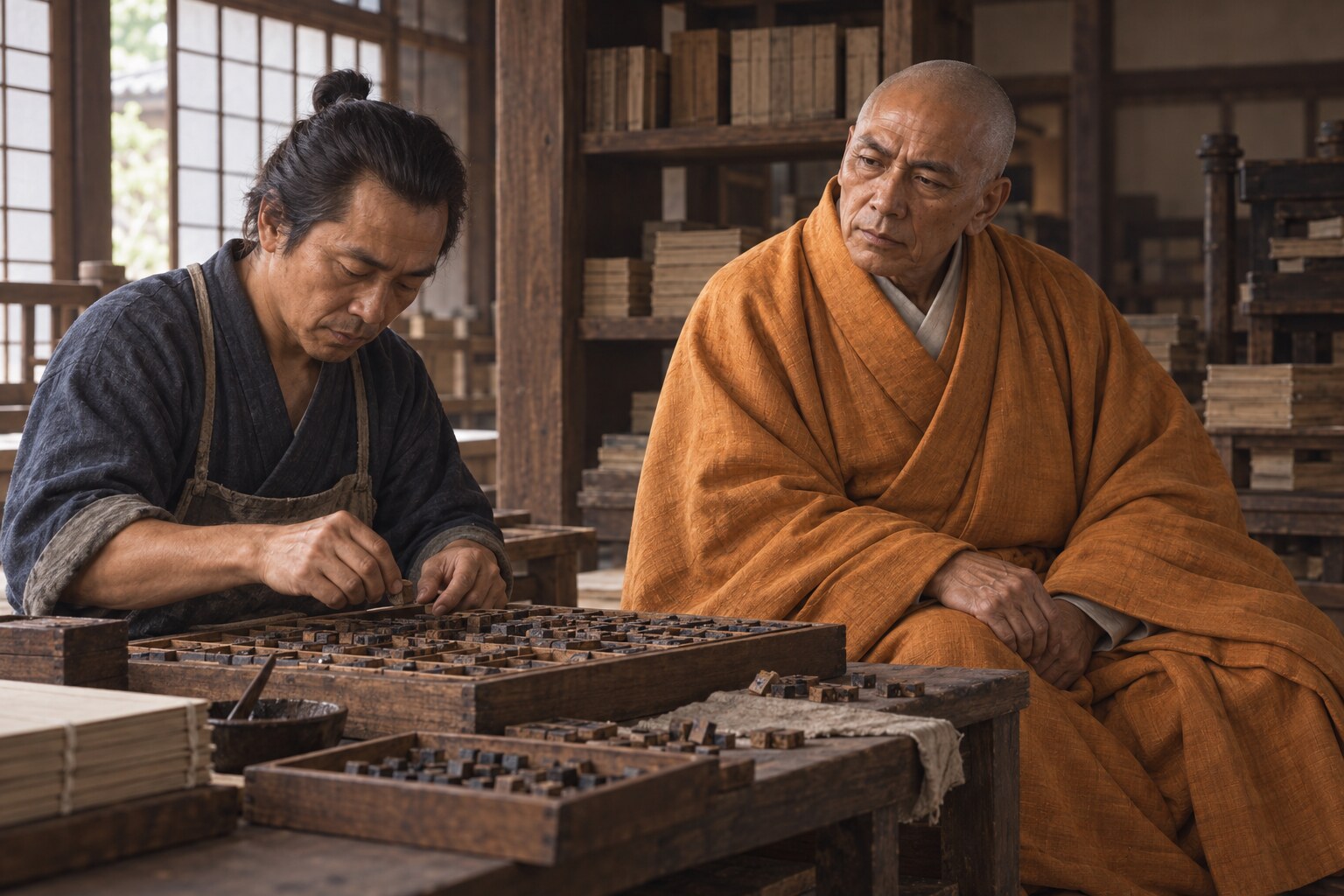 木活字の印刷作業を見守る天海の想像図（AI生成）（AI生成イメージ）