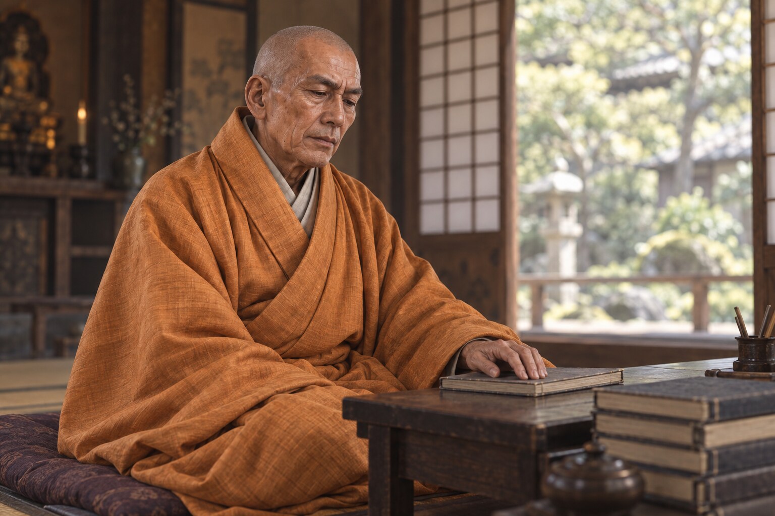 経典を前に座る晩年の天海の想像図（AI生成）（AI生成イメージ）