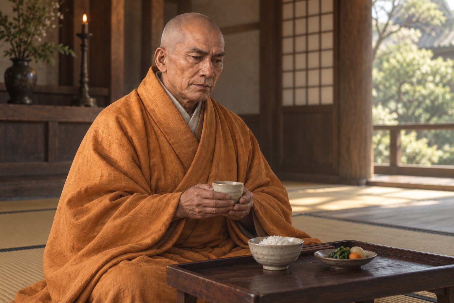 養生訓の伝承にちなむ、質素な膳を前にした老僧の想像場面（AI生成）（AI生成イメージ）