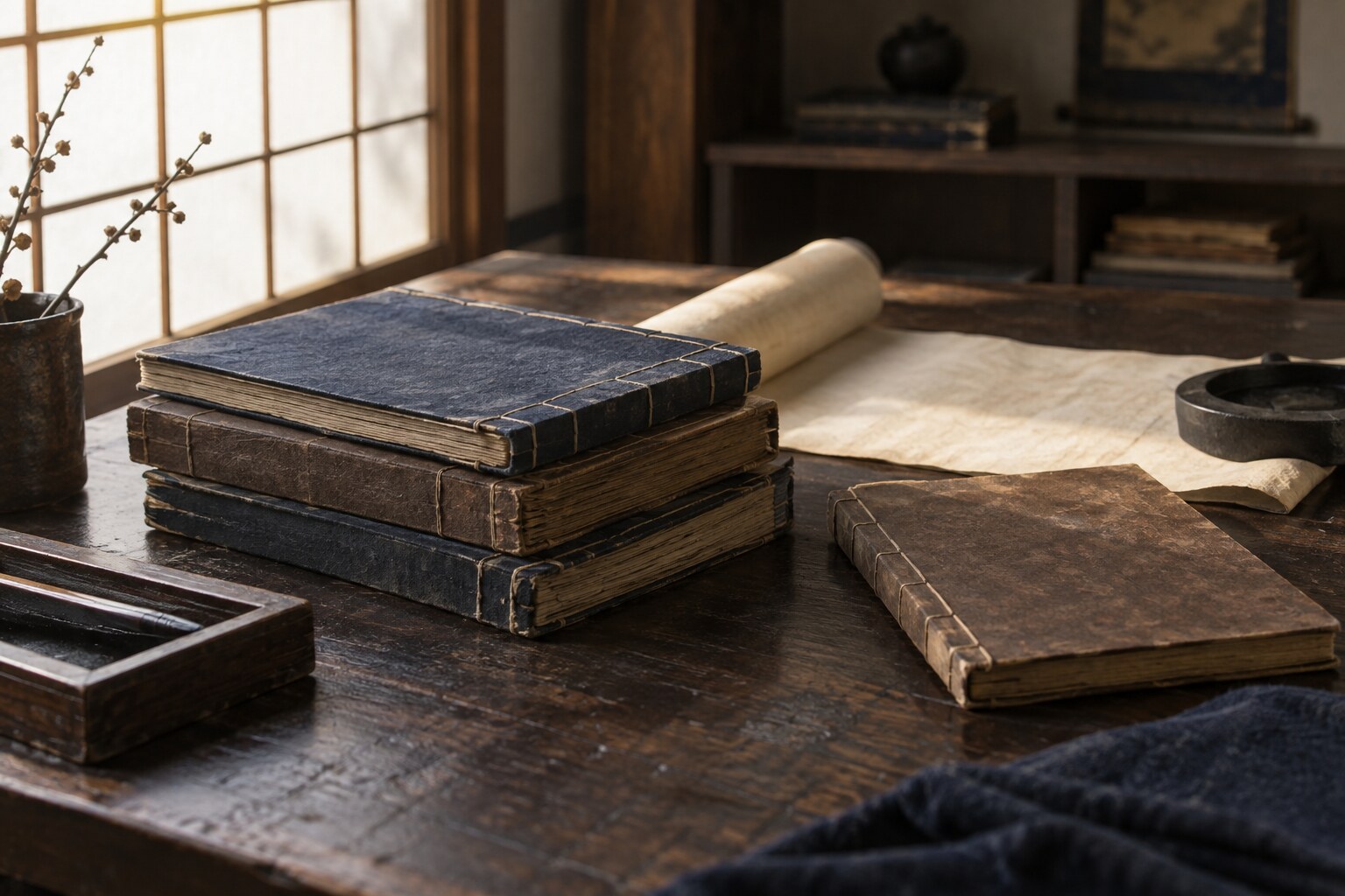 説の来歴を調べる書物を表した想像図（AI生成・実在史料の写真ではない）（AI生成イメージ）