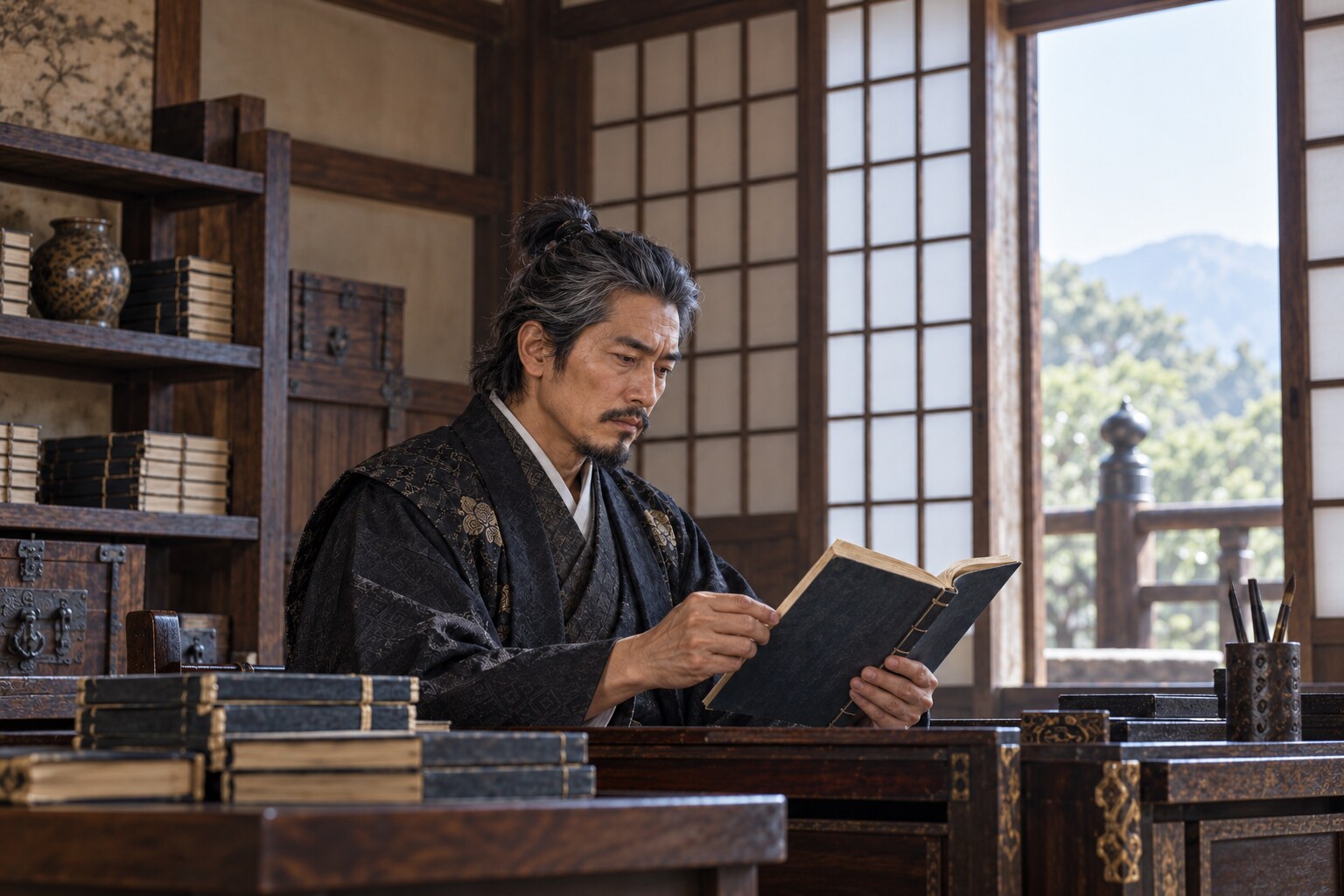 晩年の兼続と書物を描いた創作イメージ・臨終場面ではない(AI生成イメージ)
