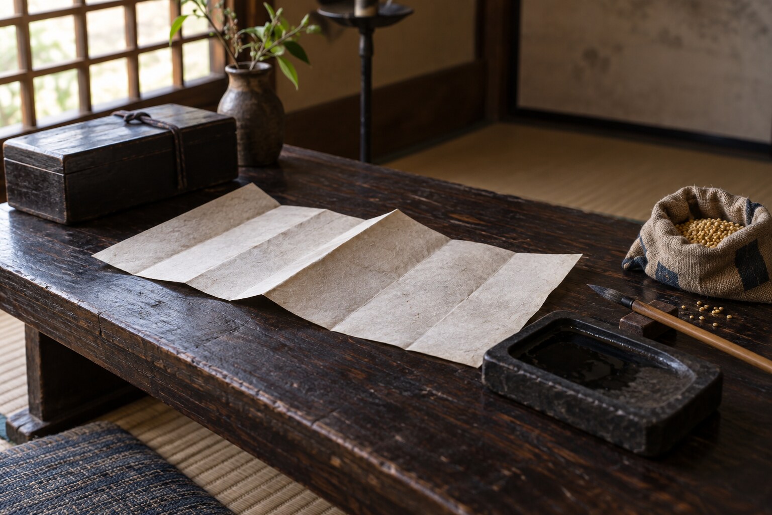 雑穀と書状を題材にした静物の想像図。実物文書の複製ではない(AI生成)(AI生成イメージ)