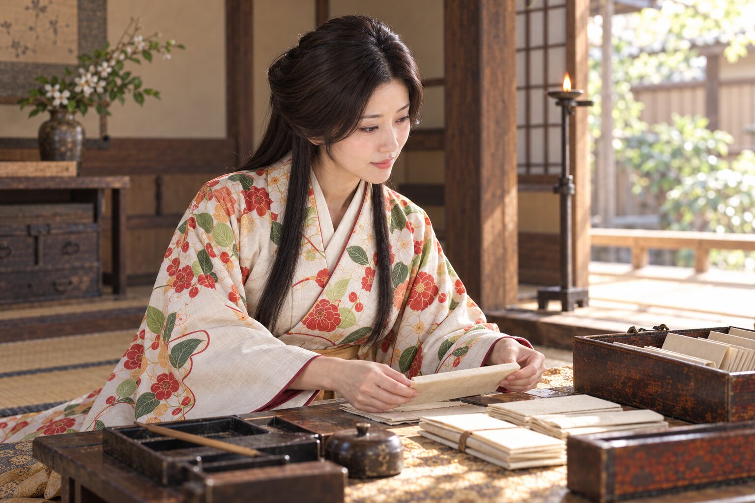 長浜時代を想定し、文箱の前で書状を確かめるねね。AIによる想像復元。(AI生成イメージ)