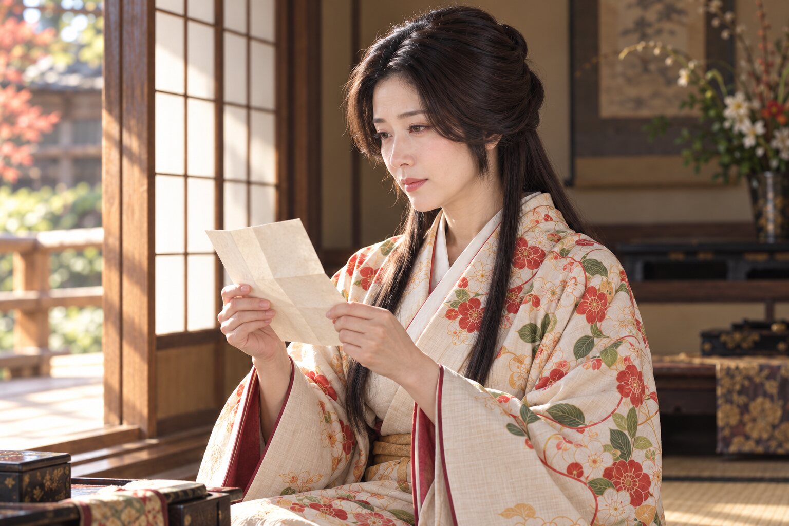 1590年代、秀吉の書状を読むねねを想定した場面。表情は演出であり史実の再現ではない。(AI生成イメージ)