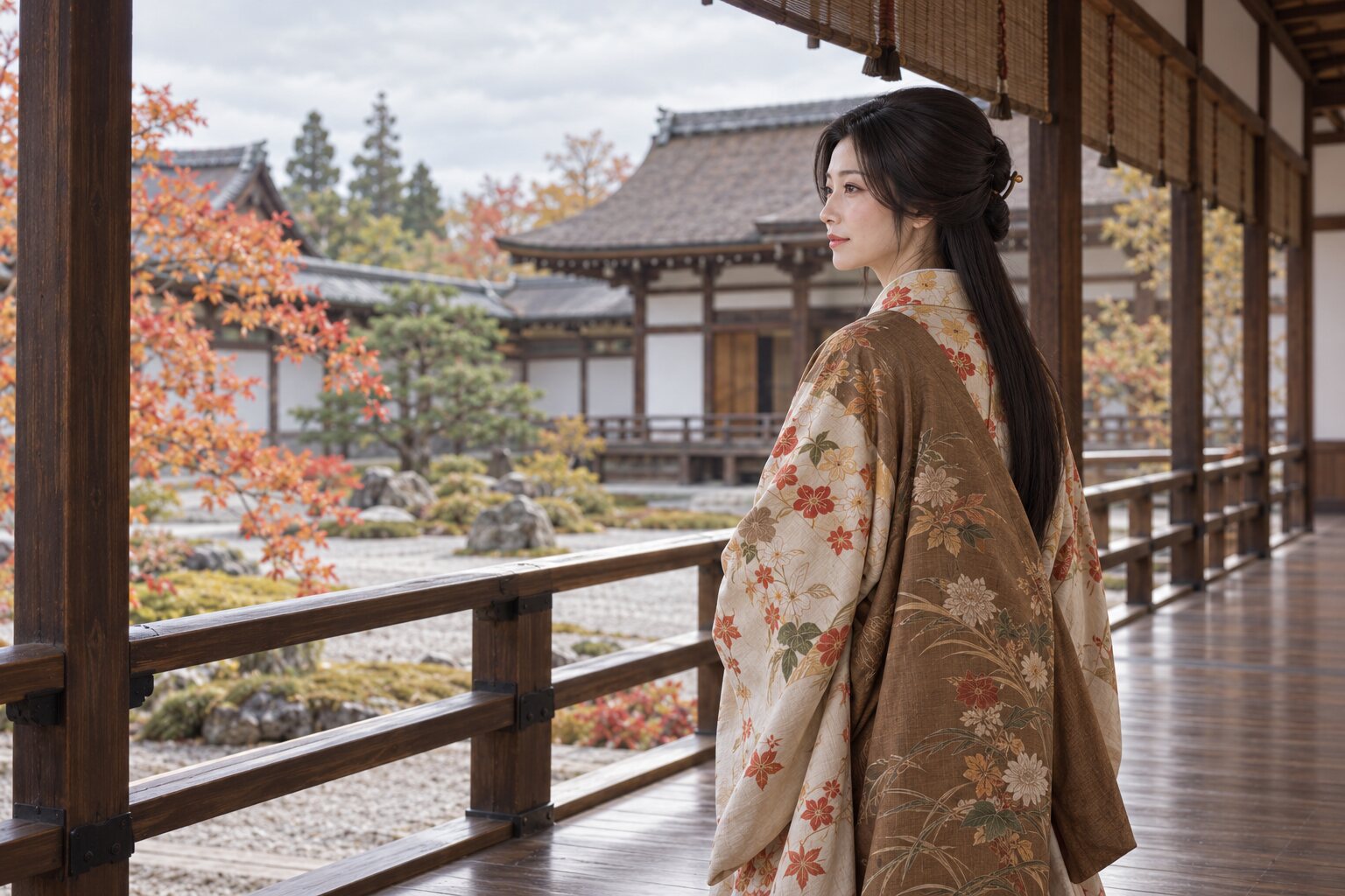 1599年ごろの京都への移住を想定したねね。屋敷の回廊と秋景色は想像復元。(AI生成イメージ)
