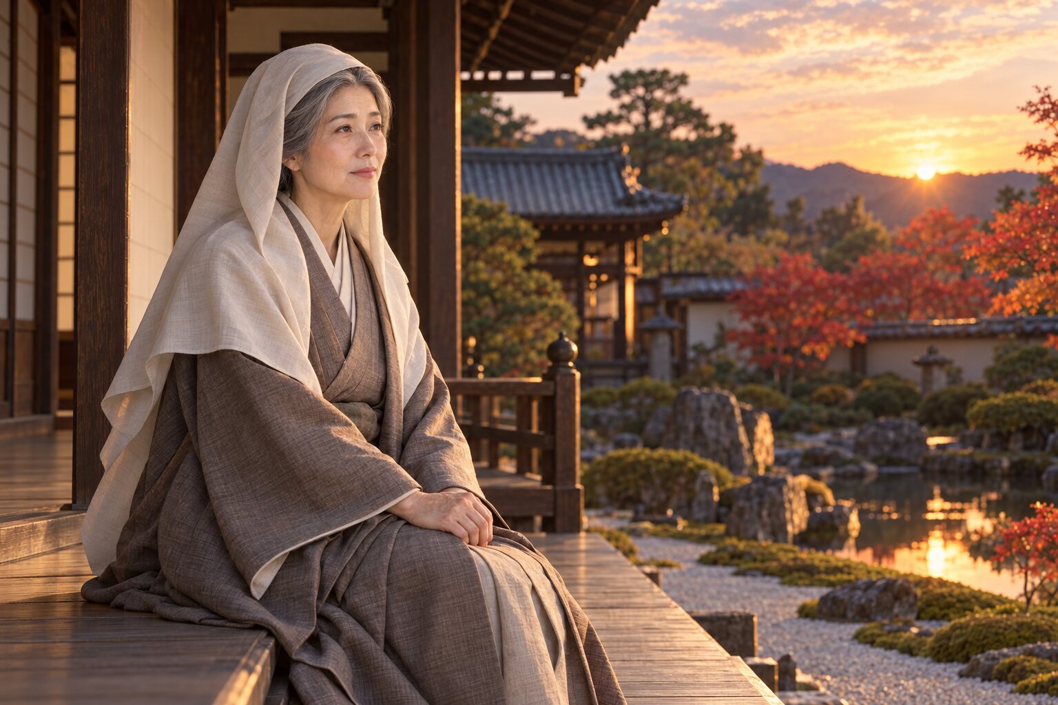 晩年の高台院を想定した像。加齢した顔立ちを描くが、臨終の場面や実際の死亡場所ではない。(AI生成イメージ)