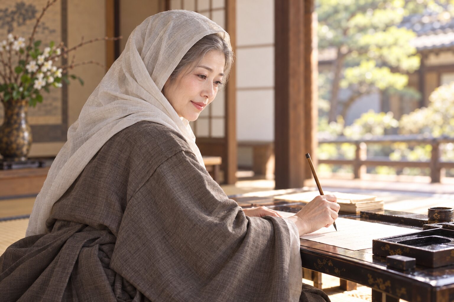 1624年の祝い状に着想を得た高台院の執筆姿。書状の筆跡と室内は再現していない。(AI生成イメージ)