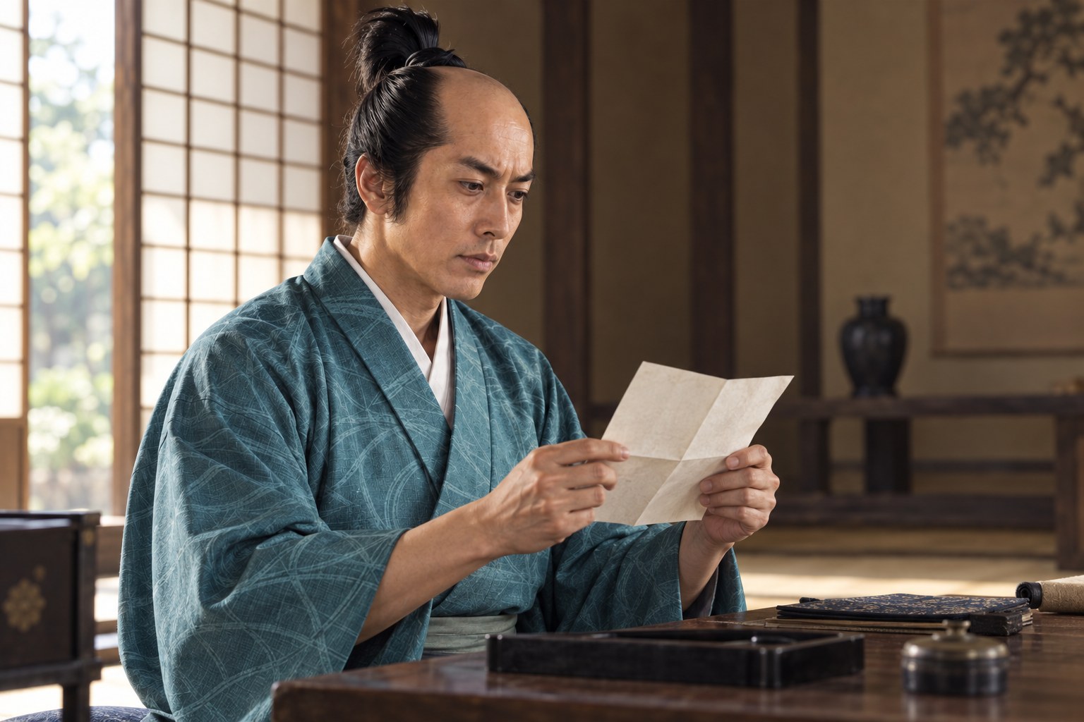 書状に目を通す盛義の想像図。実在書状の再現ではない（AI生成イメージ）