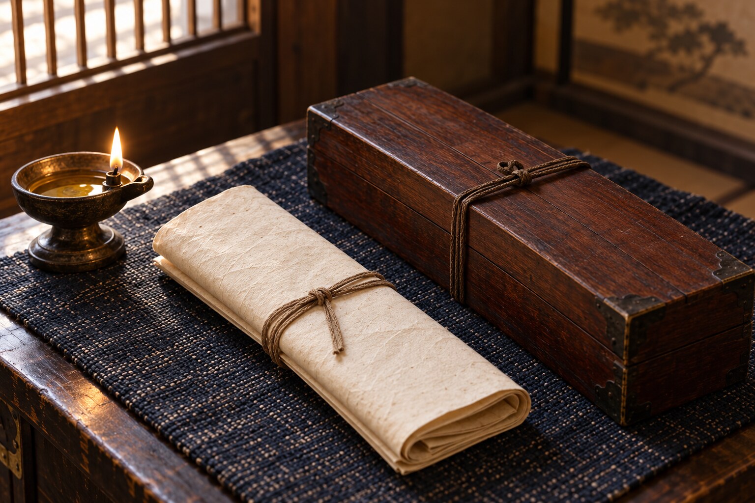 戦後の記録を題材にした文書と箱の静物。現存史料の撮影ではない（AI生成）（AI生成イメージ）