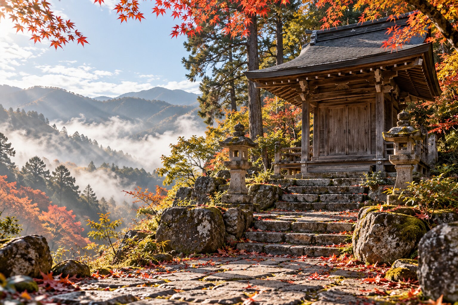 信濃で続く人物の記憶を題材にした神社の想像風景。特定の神社の復元ではない（AI生成）（AI生成イメージ）