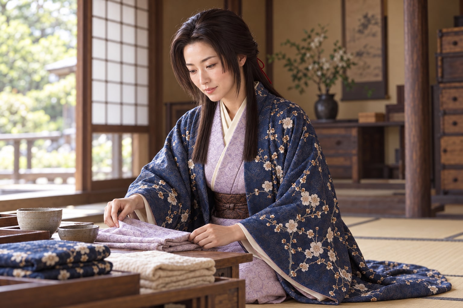 布を畳む壮年期のともの想像図。家事の具体的な記録を再現したものではない(AI生成イメージ)
