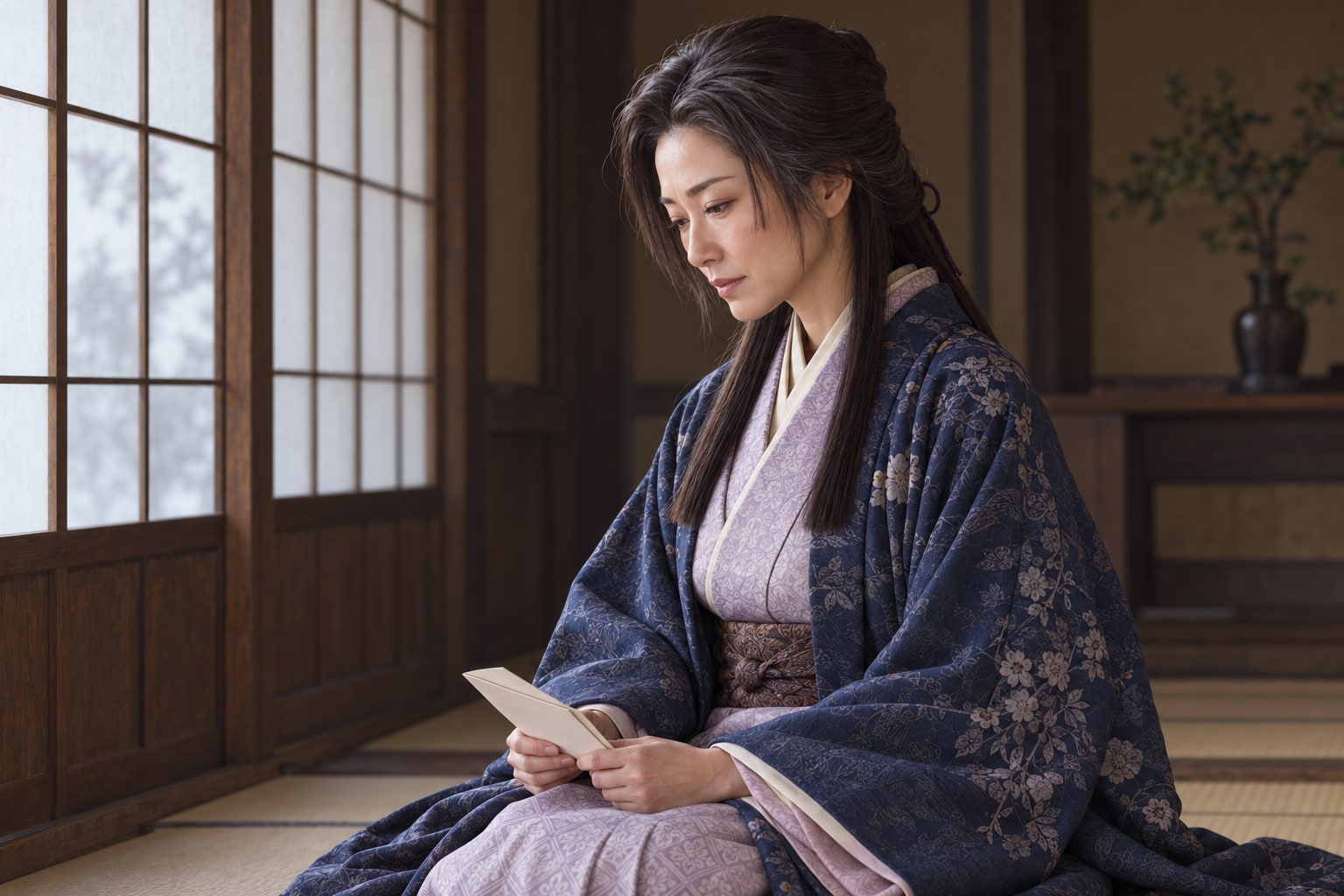 静かな室内でうつむくともの想像図。書状や感情の具体的な記録を再現していない(AI生成イメージ)