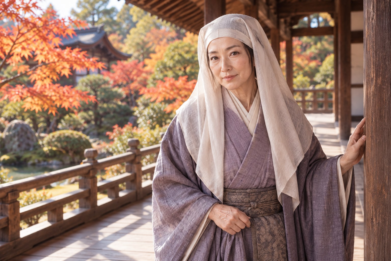 秋の寺の縁側を歩く老年の日秀尼の想像図。善正寺・瑞龍寺の現況とは異なる(AI生成イメージ)