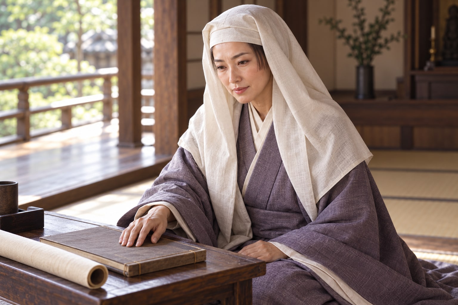 文机の前に座る日秀尼の想像図。本人の著作や家系図作成を示す場面ではない(AI生成イメージ)