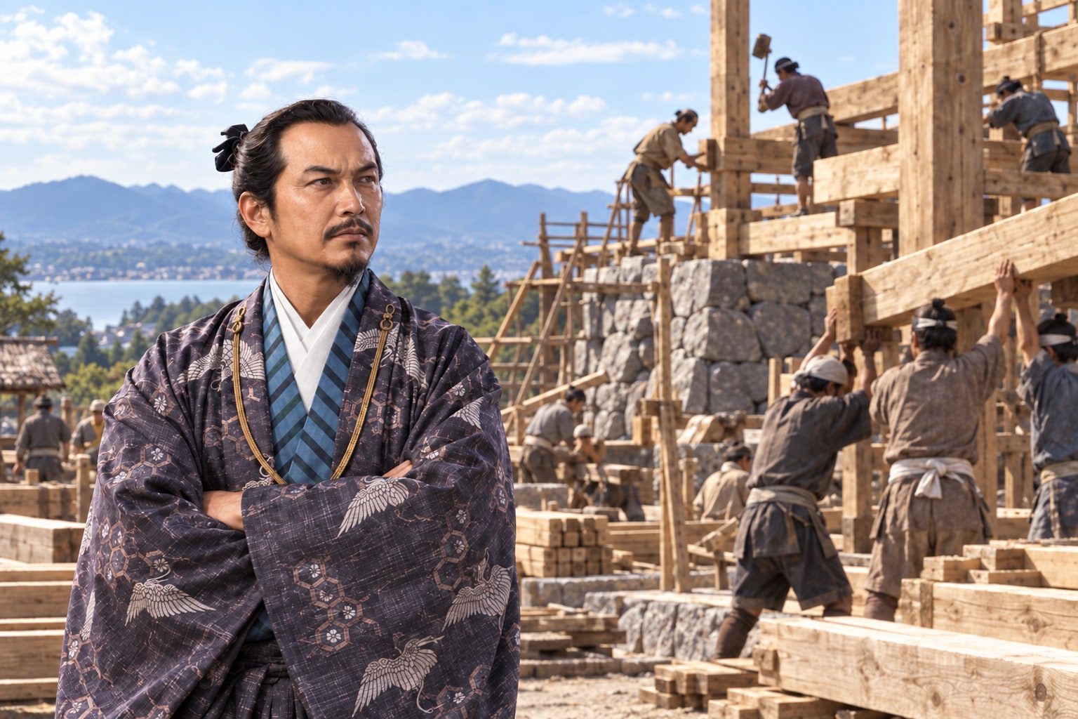 石垣と木組みの工事が進む安土城普請を描くイメージ(AI生成イメージ)