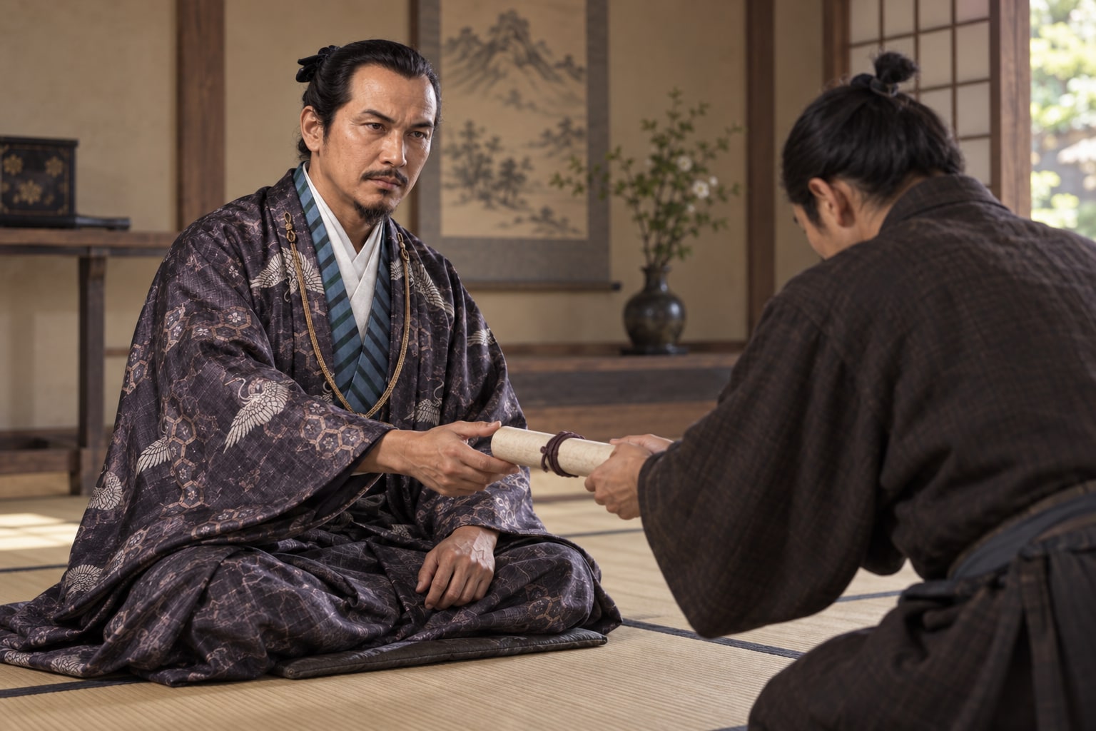 本能寺の変後、大坂で報せを受ける丹羽長秀のイメージ(AI生成イメージ)