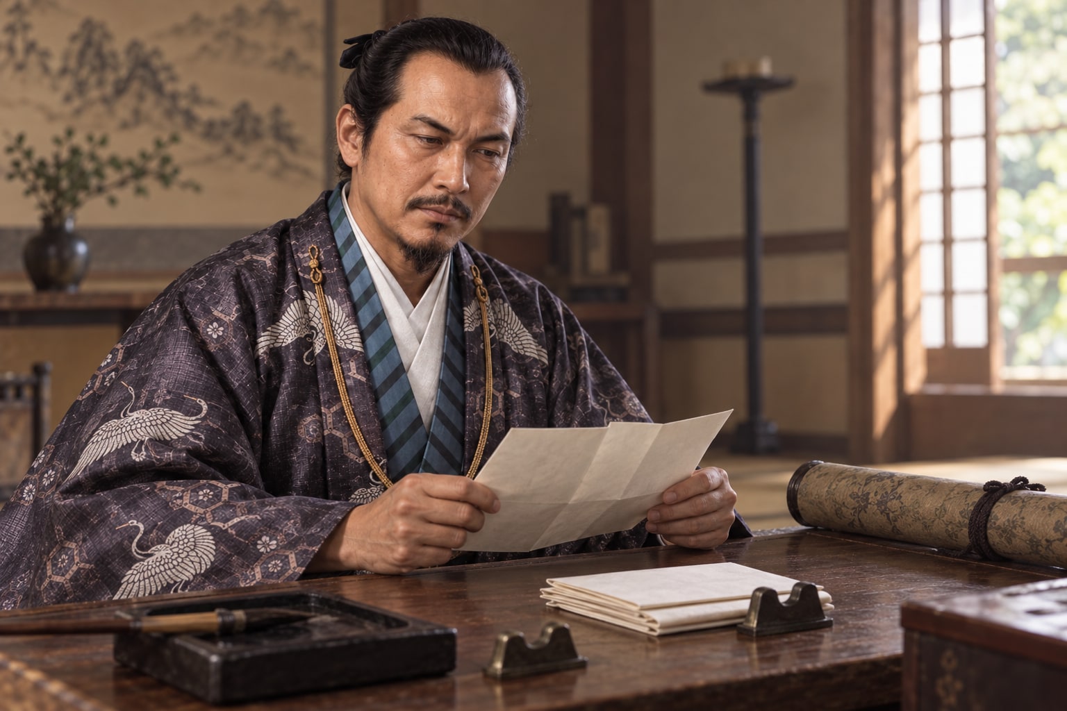 秀吉との連署書状を主題に、文書を読む長秀を描いた場面(AI生成イメージ)