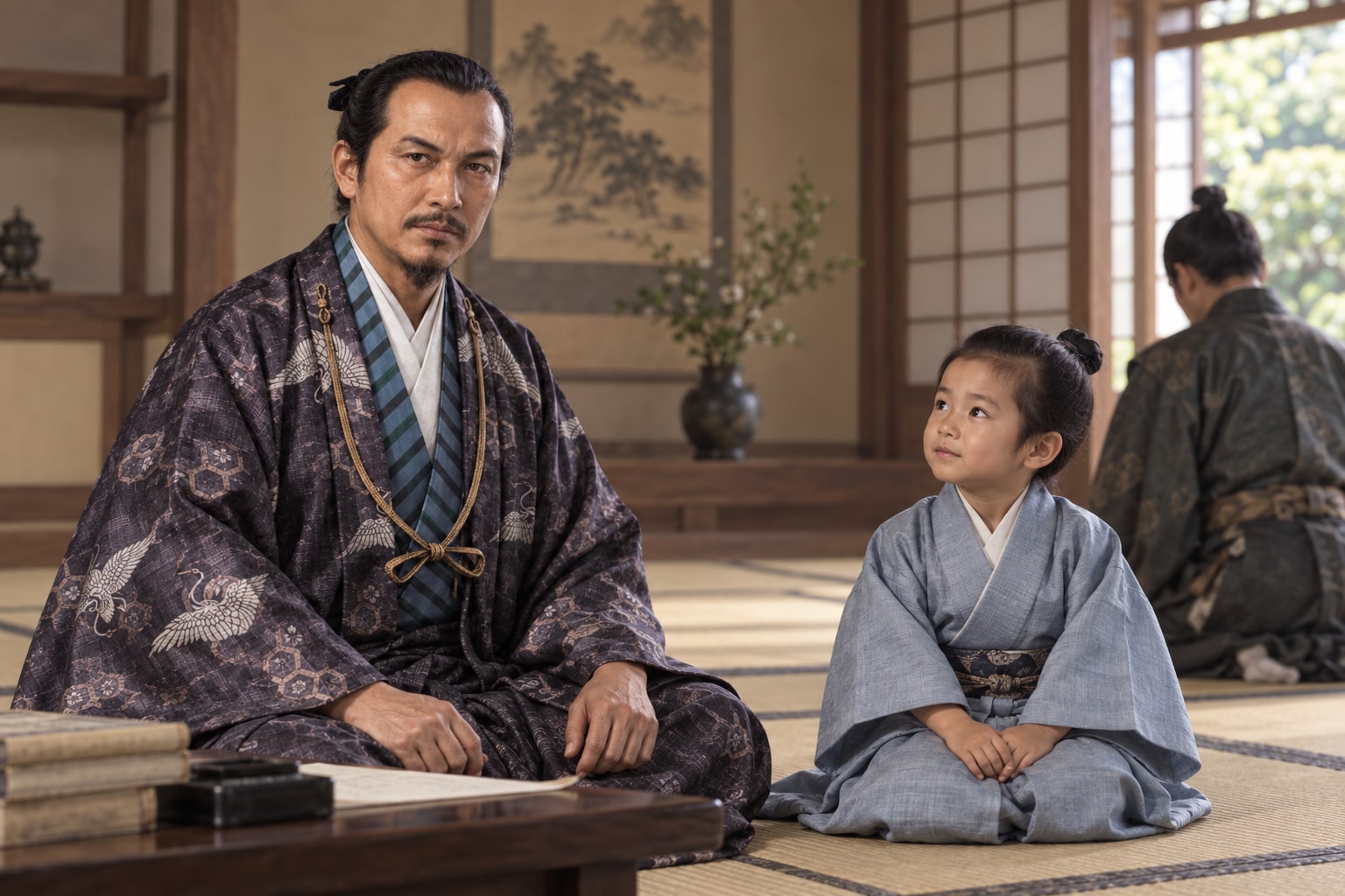 丹羽長秀と幼い仙丸の親子関係を表した創作場面(AI生成イメージ)