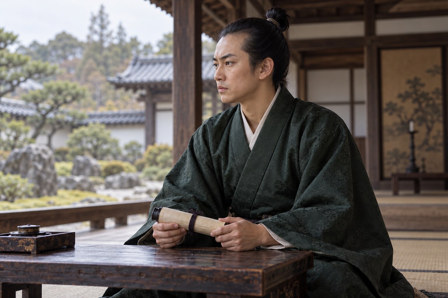 若い長重が家の文書に向き合う創作情景（AI生成イメージ）