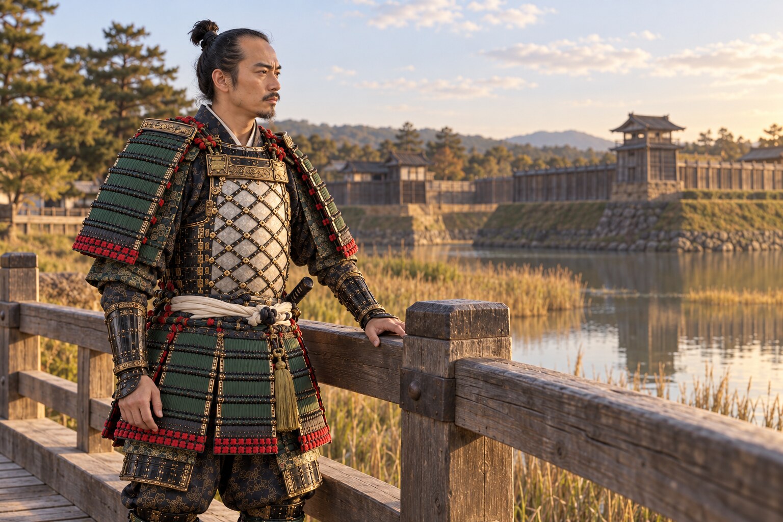 水辺の城を背景にした小松時代の長重の創作情景（AI生成イメージ）