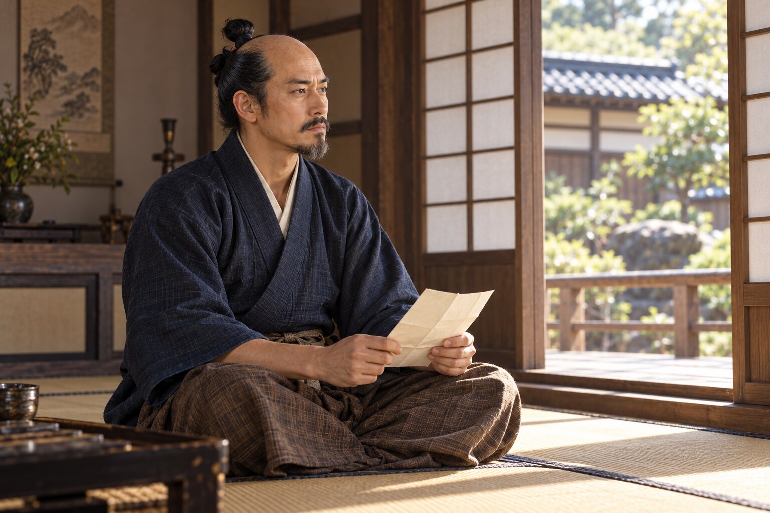 大名復帰期の長重が書状を手にする創作情景（AI生成イメージ）