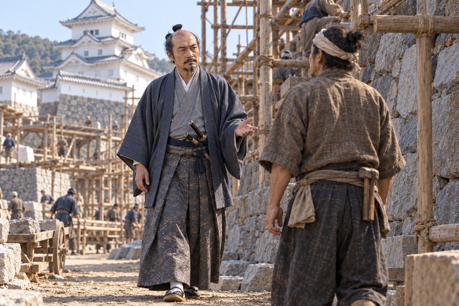 晩年の長重が築城現場を見渡す創作情景（AI生成イメージ）
