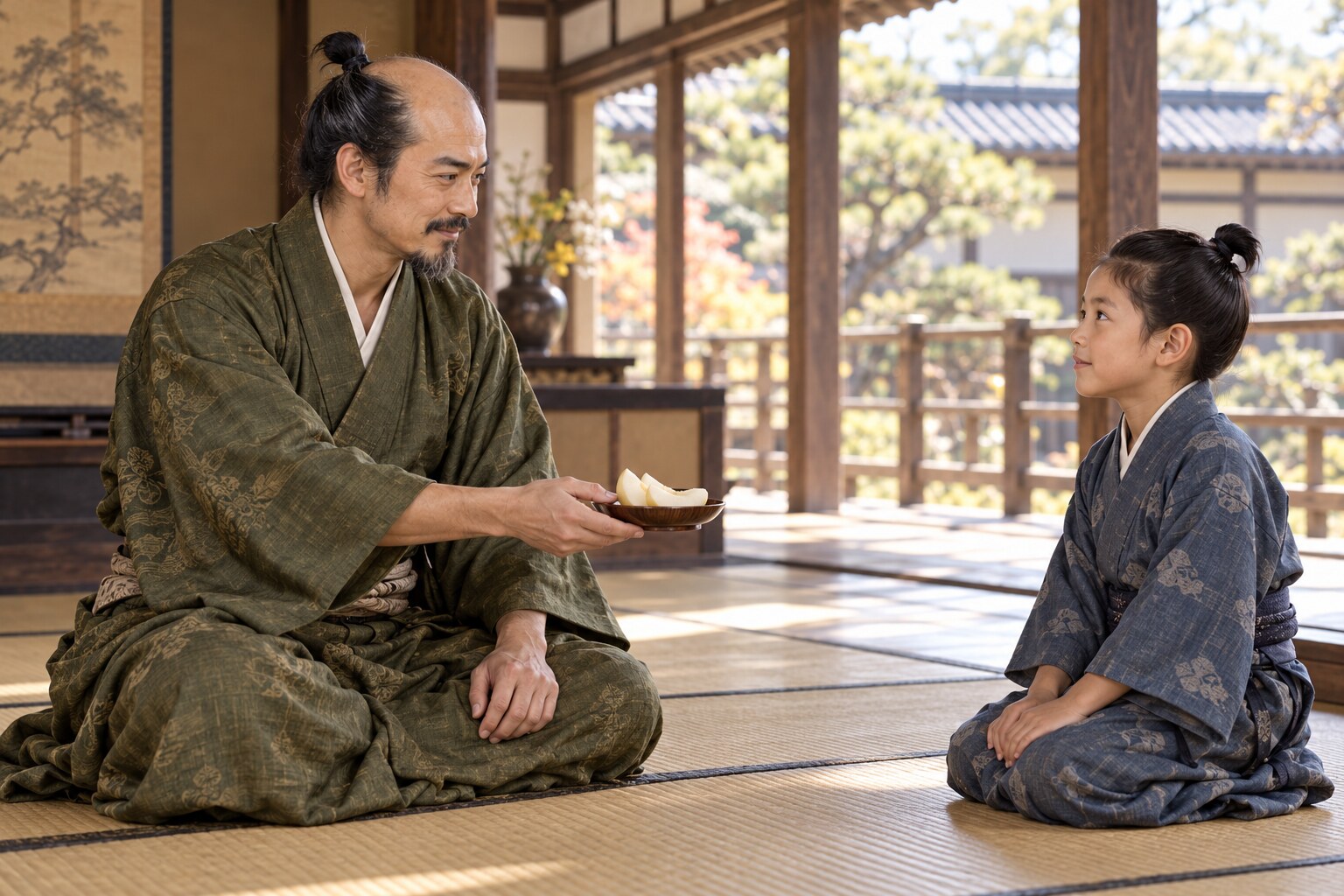 長重が少年に梨を渡す逸話を題材にした創作情景（AI生成イメージ）