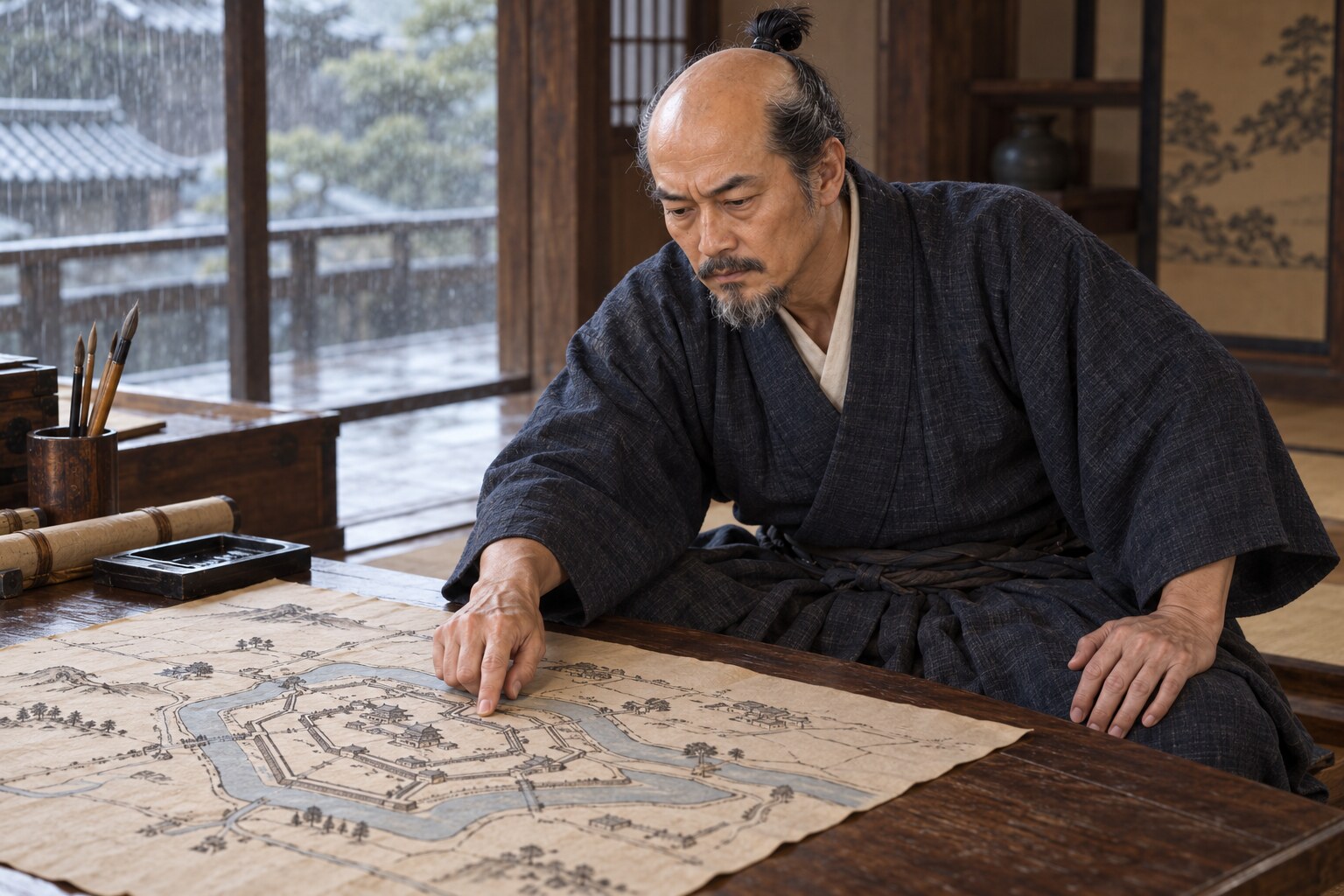 長重が川と城の計画を検討する創作情景。実在の設計図の復元ではない（AI生成イメージ）