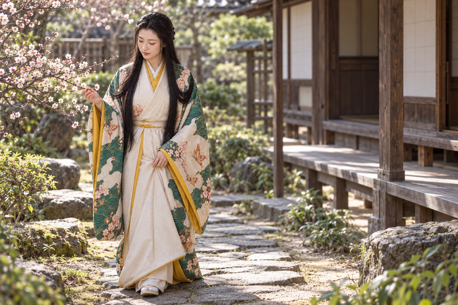 庭で過ごす若い濃姫の想像図。年齢・容姿・幼少期の暮らしは創作(AI生成イメージ)