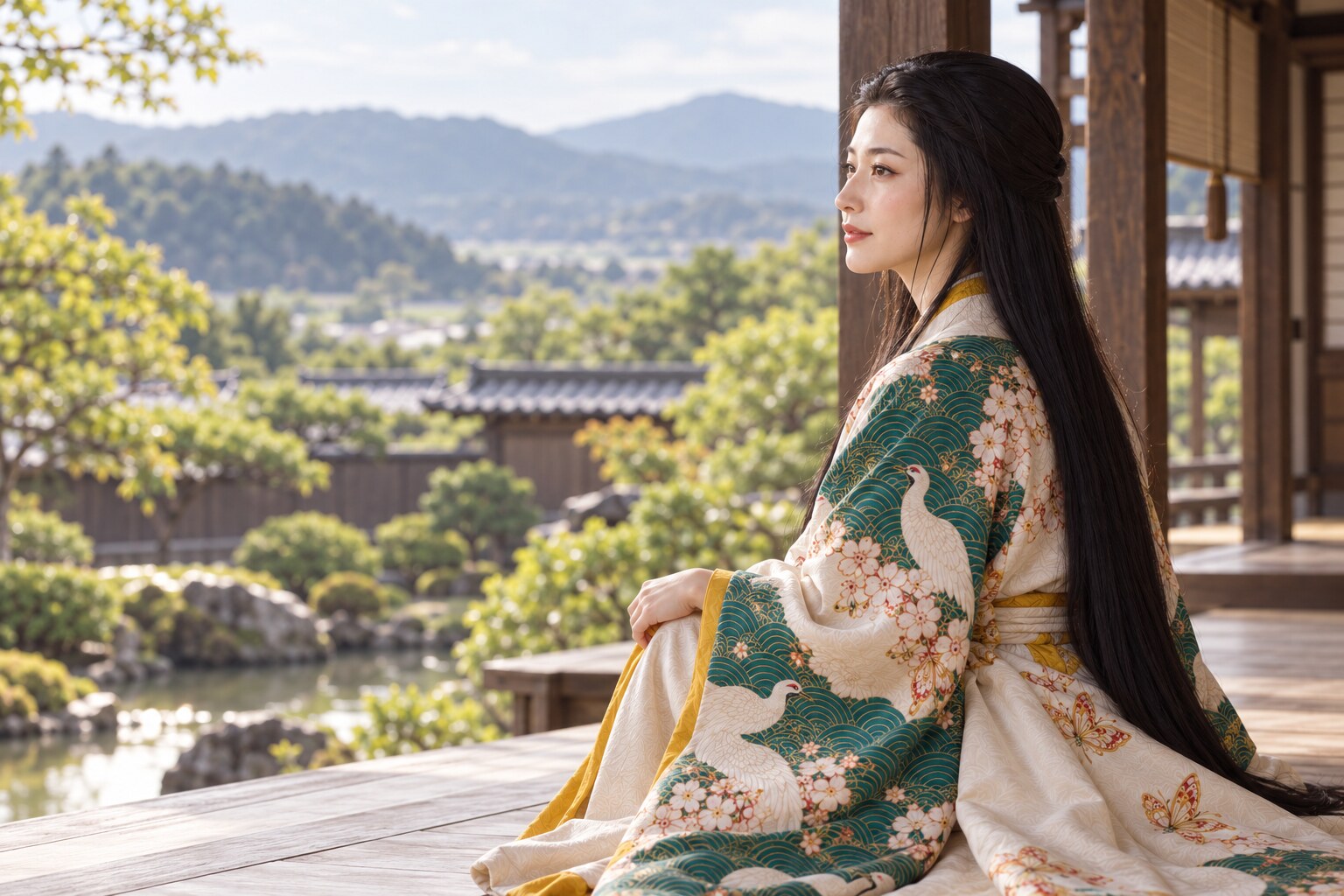 庭を望む濃姫の想像図。1569年の年齢・居所・行動を確定したものではない(AI生成イメージ)