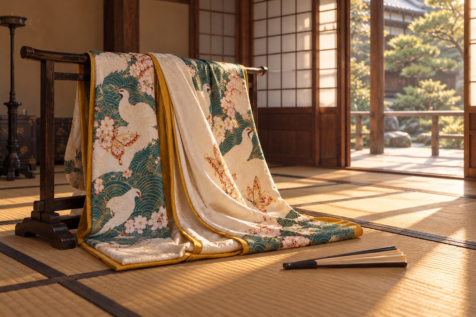 衣桁に掛けた衣と扇の想像図。子供の有無や離縁を表す遺品ではない(AI生成イメージ)