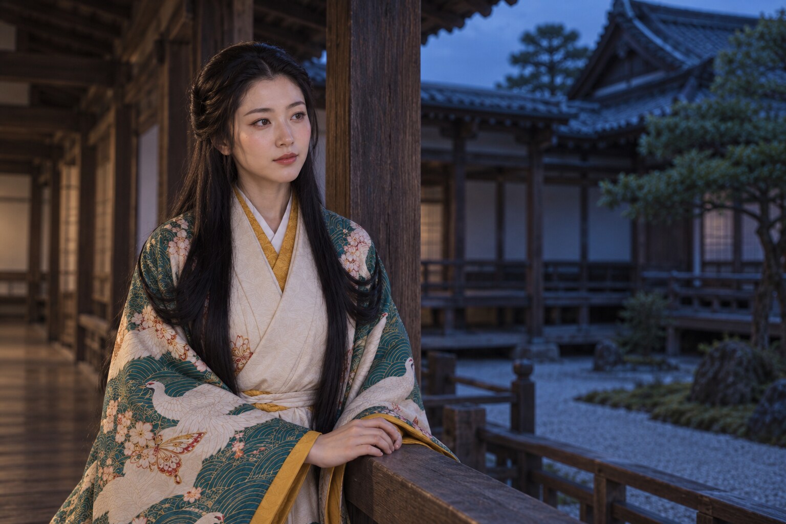 夕暮れの廊下に立つ濃姫の想像図。本能寺での所在・生還・死を示す場面ではない(AI生成イメージ)