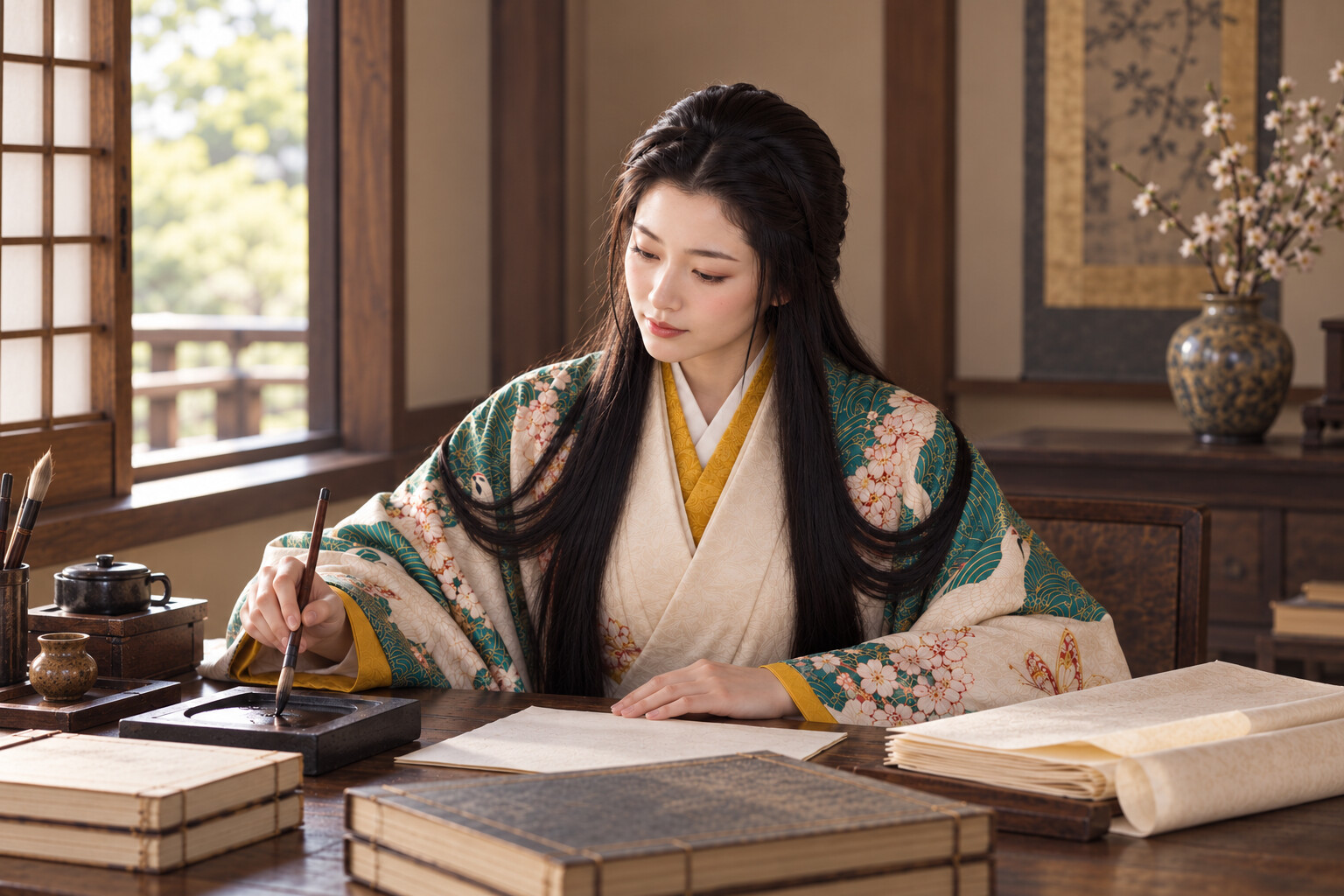 筆と紙に向かう濃姫の想像図。自筆文書の存在や1612年までの生存を示すものではない(AI生成イメージ)