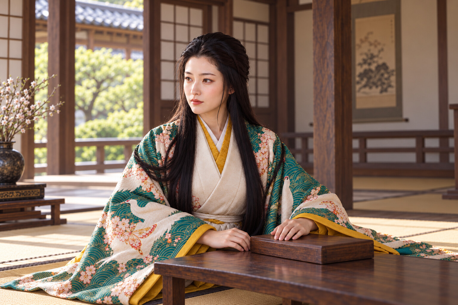静かな表情を見せる濃姫の想像図。美貌・性格についての史料上の評価ではない(AI生成イメージ)