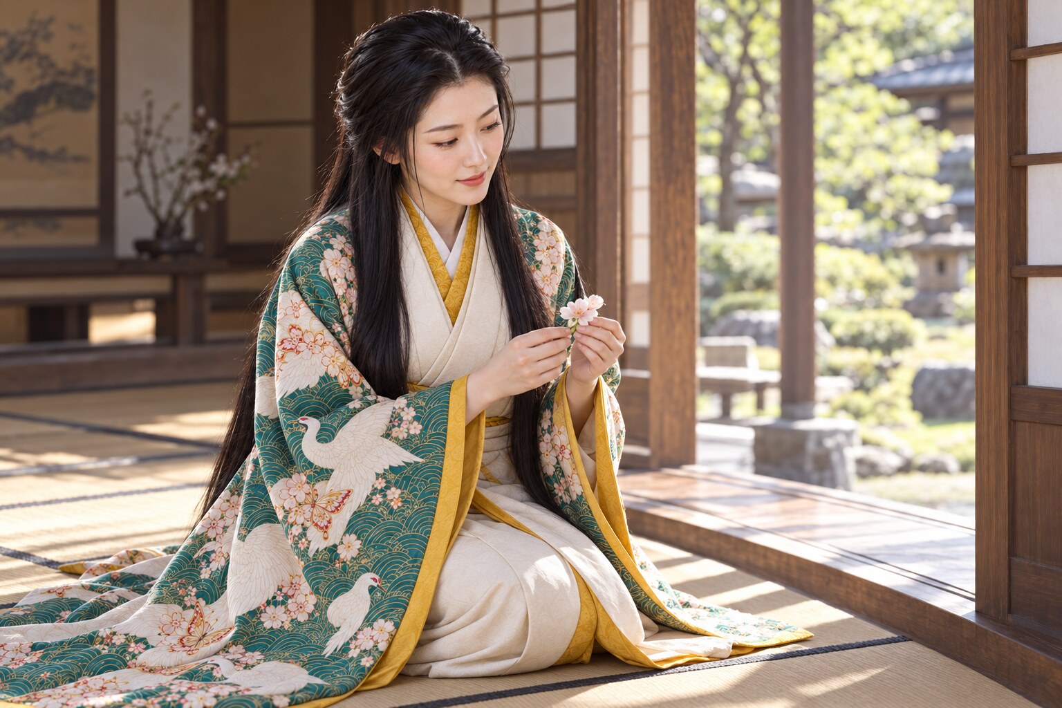 障子のそばで過ごす濃姫の想像図。特定の日記に記された女性を再現したものではない(AI生成イメージ)