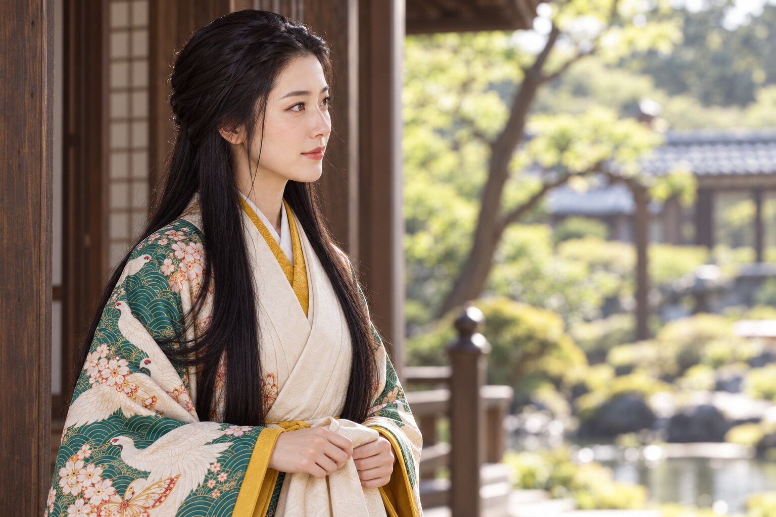 戸口に立つ濃姫の想像図。墓所の現況や遺髪の由来を表すものではない(AI生成イメージ)