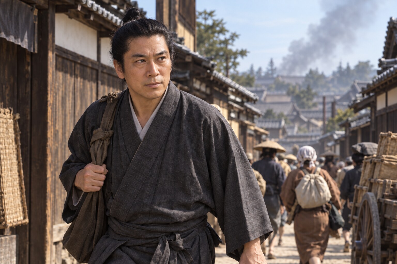 二条御所から生還した長益を題材にした想像図。脱出経路の復元ではない(AI生成イメージ)
