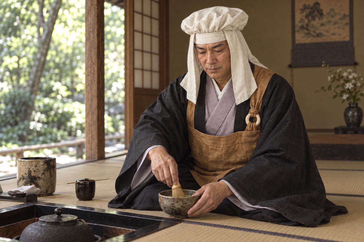 茶を点てる有楽斎の想像図。指定の頭巾と袈裟を参考に制作(AI生成イメージ)