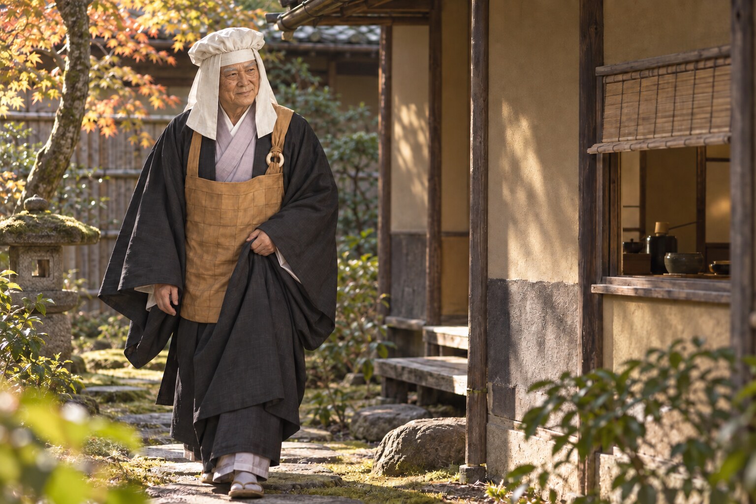 正伝院で晩年を過ごす有楽斎の想像図。如庵の実測復元ではない(AI生成イメージ)