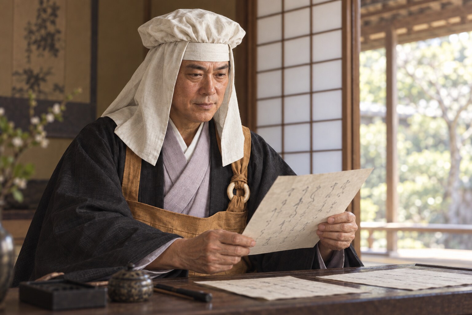 書状を読む有楽斎の想像図。文字は史料の再現ではない(AI生成イメージ)