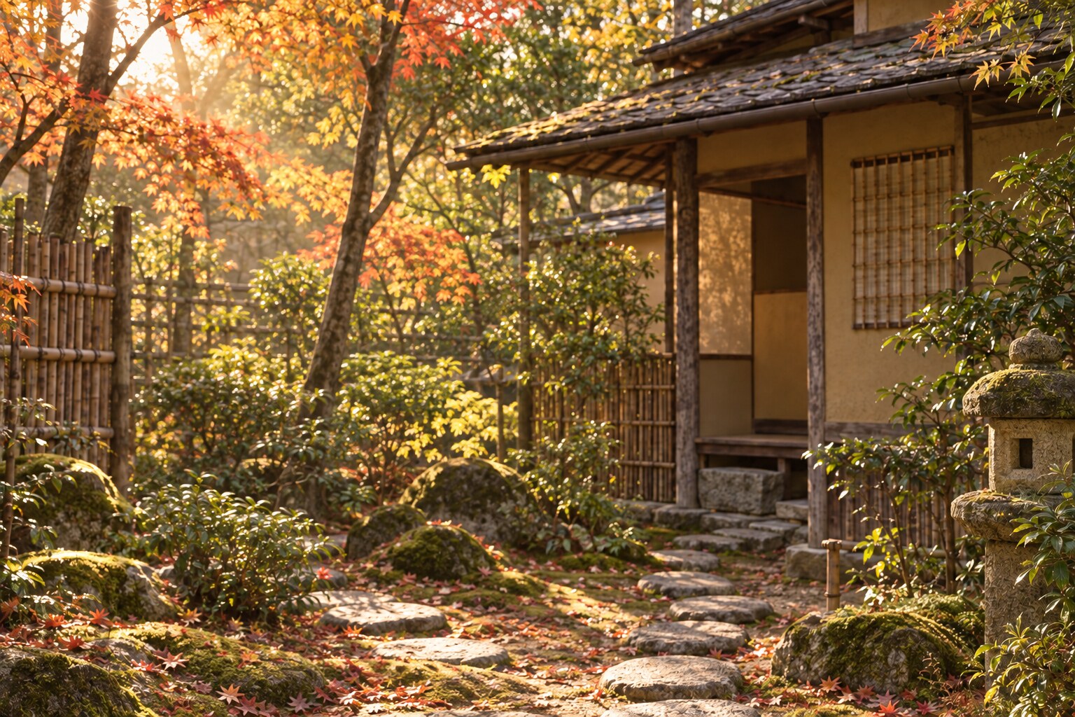 如庵の来歴を紹介するための茶庭の想像図。現地写真ではない(AI生成イメージ)