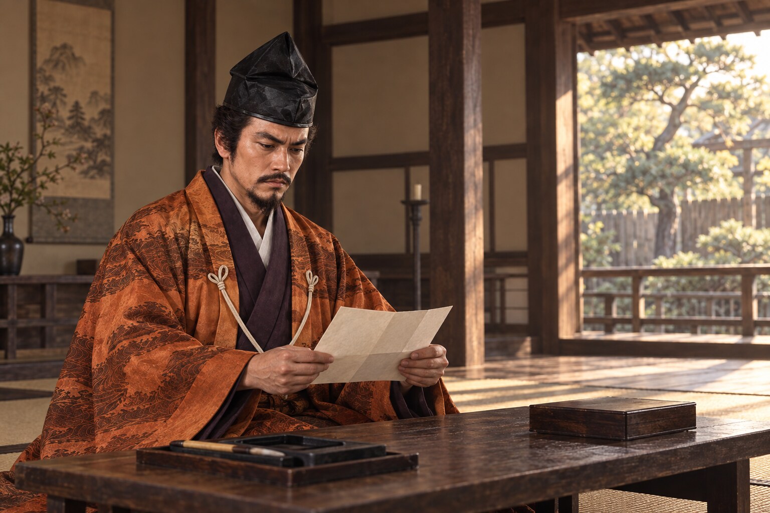 書状を扱う信秀の想像図。道三との会見や現存書状を再現したものではない（AI生成）（AI生成イメージ）