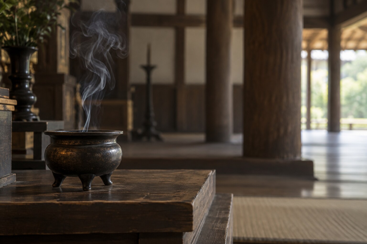 葬儀の逸話を題材にした香炉の静物。万松寺の当時の堂内や法具の復元ではない（AI生成）（AI生成イメージ）