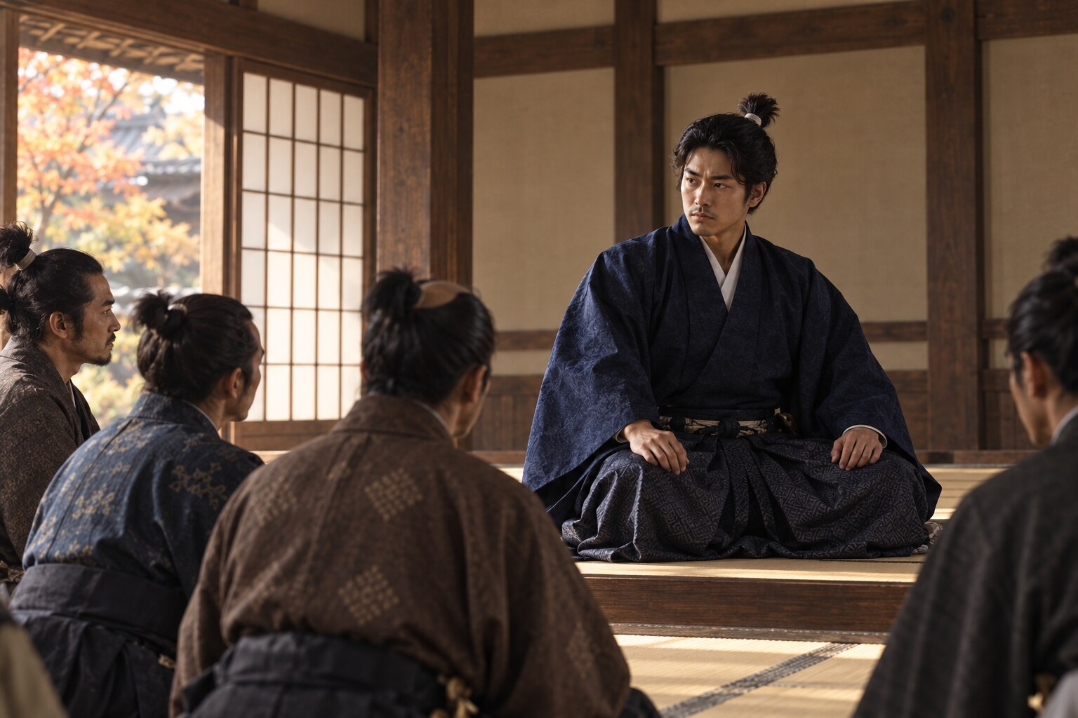 岐阜で家臣と向き合う若い信忠の想像図(AI生成イメージ)