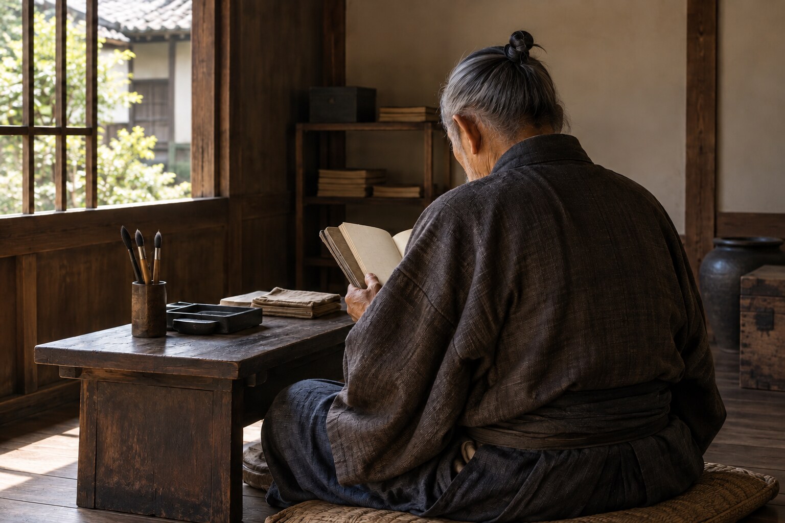 近世の書物を読む場面。太田牛一の肖像ではない(AI生成イメージ)