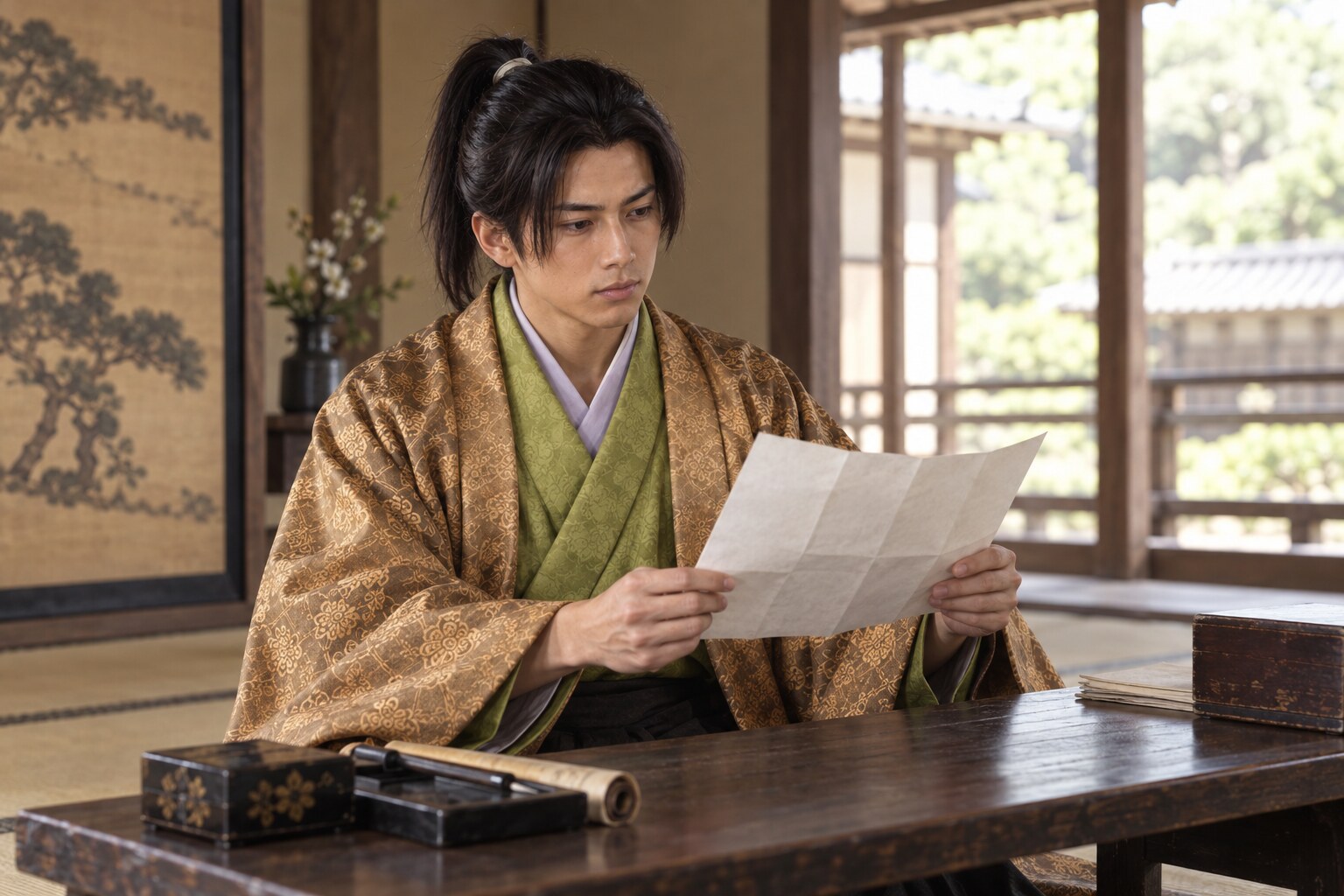 居館で文書に向き合う信行の場面イメージ。文書の復元ではない（AI生成イメージ）