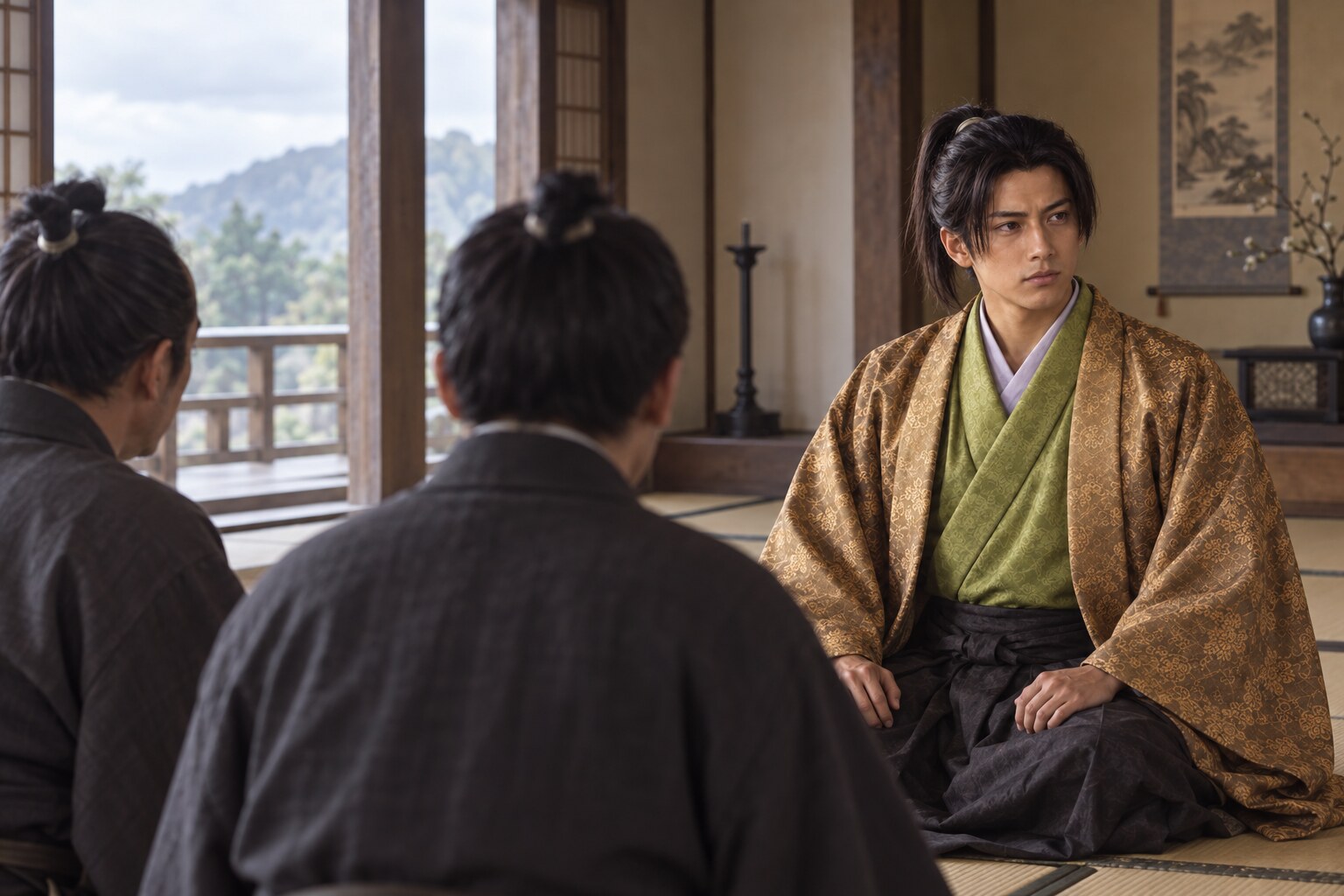 家臣と向き合う信行の場面イメージ。特定の軍議を再現したものではない（AI生成イメージ）