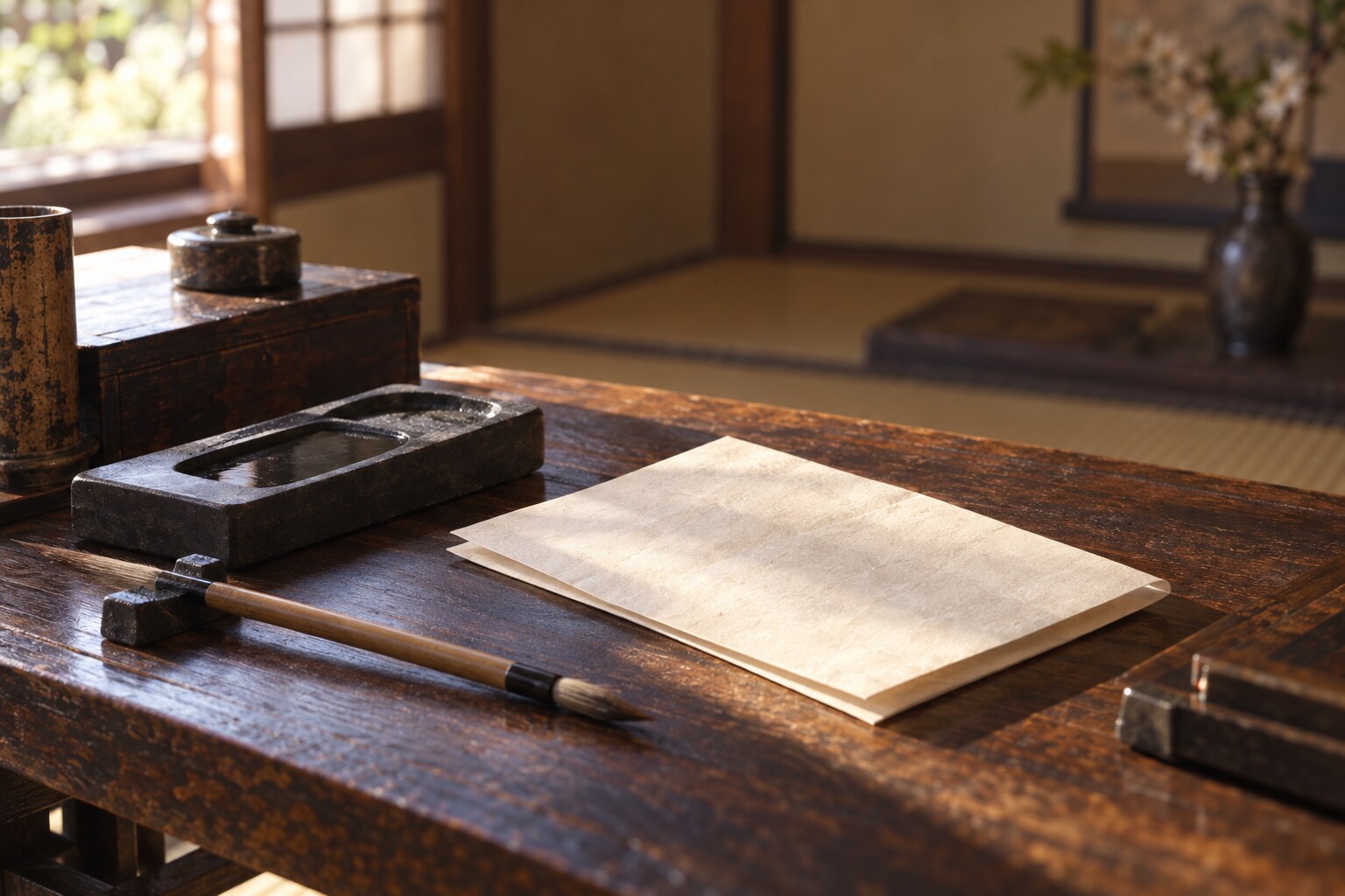 文書と筆を配したイメージ。信成判物の複製や文字の再現ではない（AI生成イメージ）