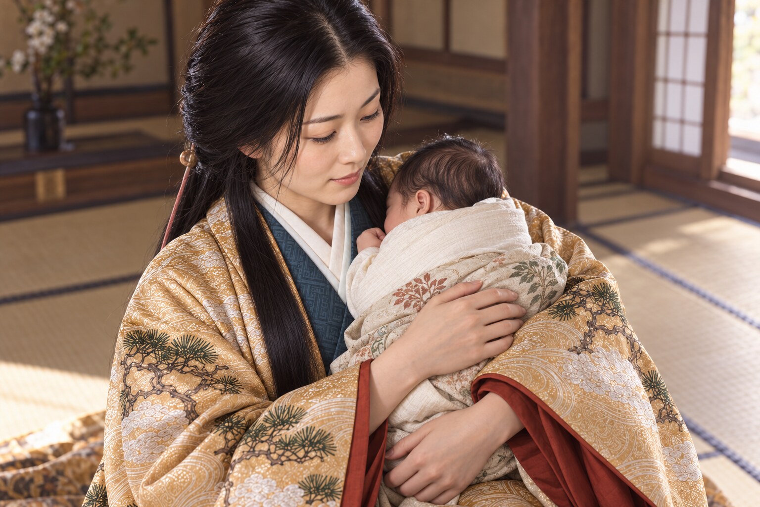 幼い子を抱くお江の想像図。完子の養育を題材とし、実際の母子の姿は復元していない(AI生成イメージ)
