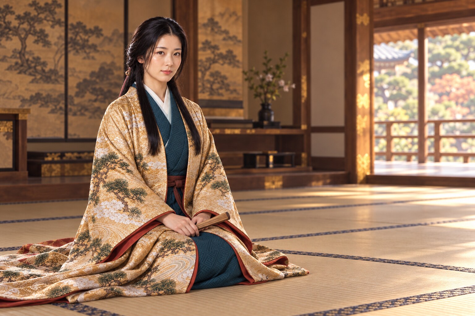 扇を持ち、改まった姿で座るお江の想像図。1595年の婚礼儀式そのものは再現していない(AI生成イメージ)